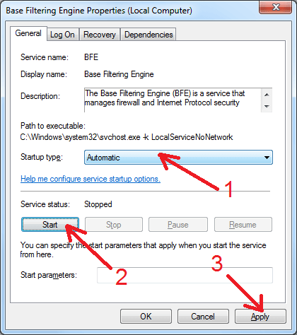 Modify properties of 'Base Filtering Engine' service